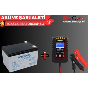 YOKOHAMA 12V 12 AH VE Ucomen 6/12V 2A Siyah Akü Şarj Cihazı